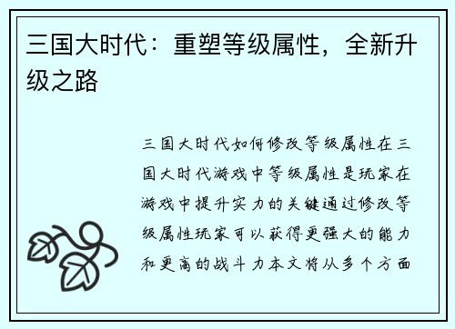 三国大时代：重塑等级属性，全新升级之路